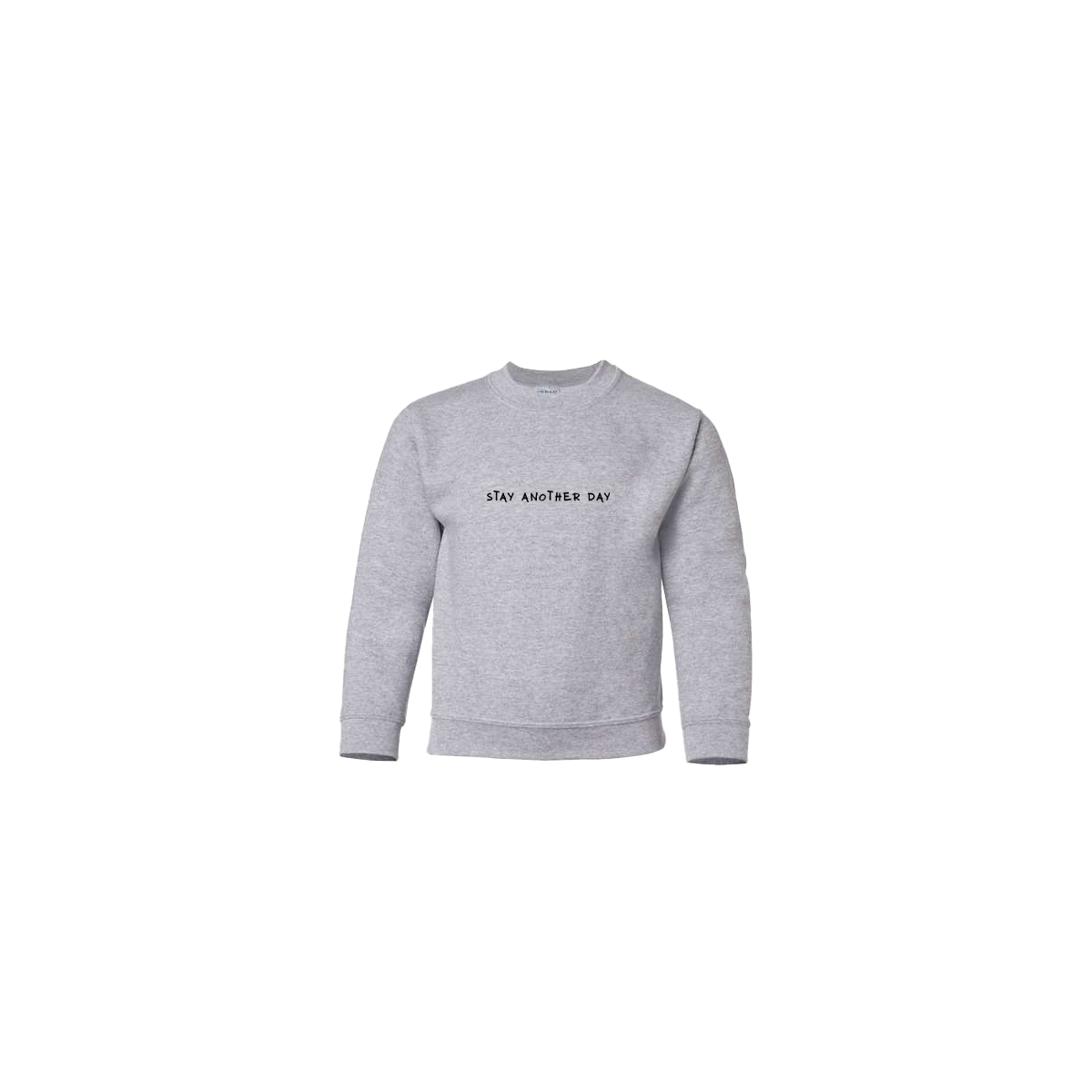 Stay Another Day Text Embroidered Grey Youth Crewneck