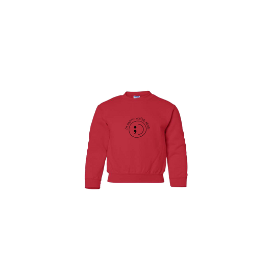 I'm Happy You're Here Embroidered Red Youth Crewneck
