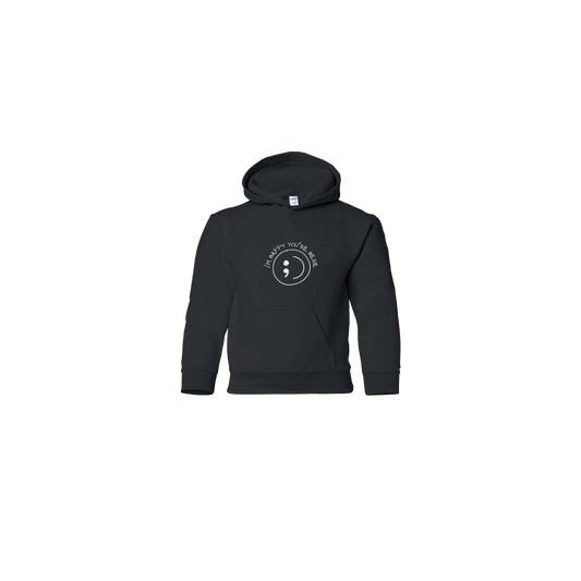 I'm Happy You're Here Embroidered Black Youth Hoodie