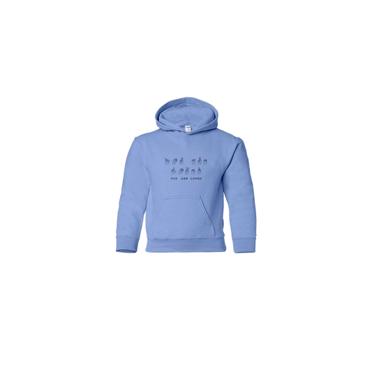 You Are Loved Sign Language Embroidered Light Blue Youth Hoodie