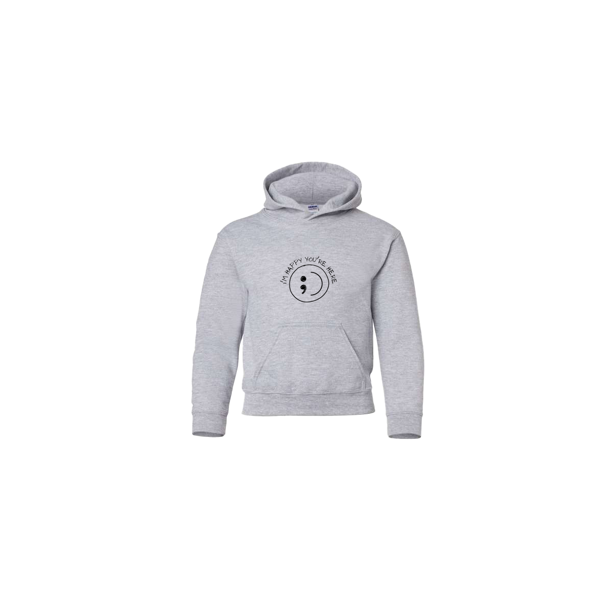 I'm Happy You're Here Embroidered Grey Youth Hoodie