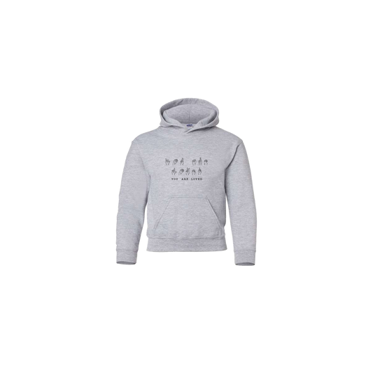You Are Loved Sign Language Embroidered Grey Youth Hoodie