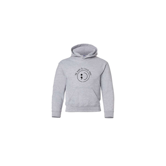 Be Kind To Your Mind Smiley Face Embroidered Grey Youth Hoodie