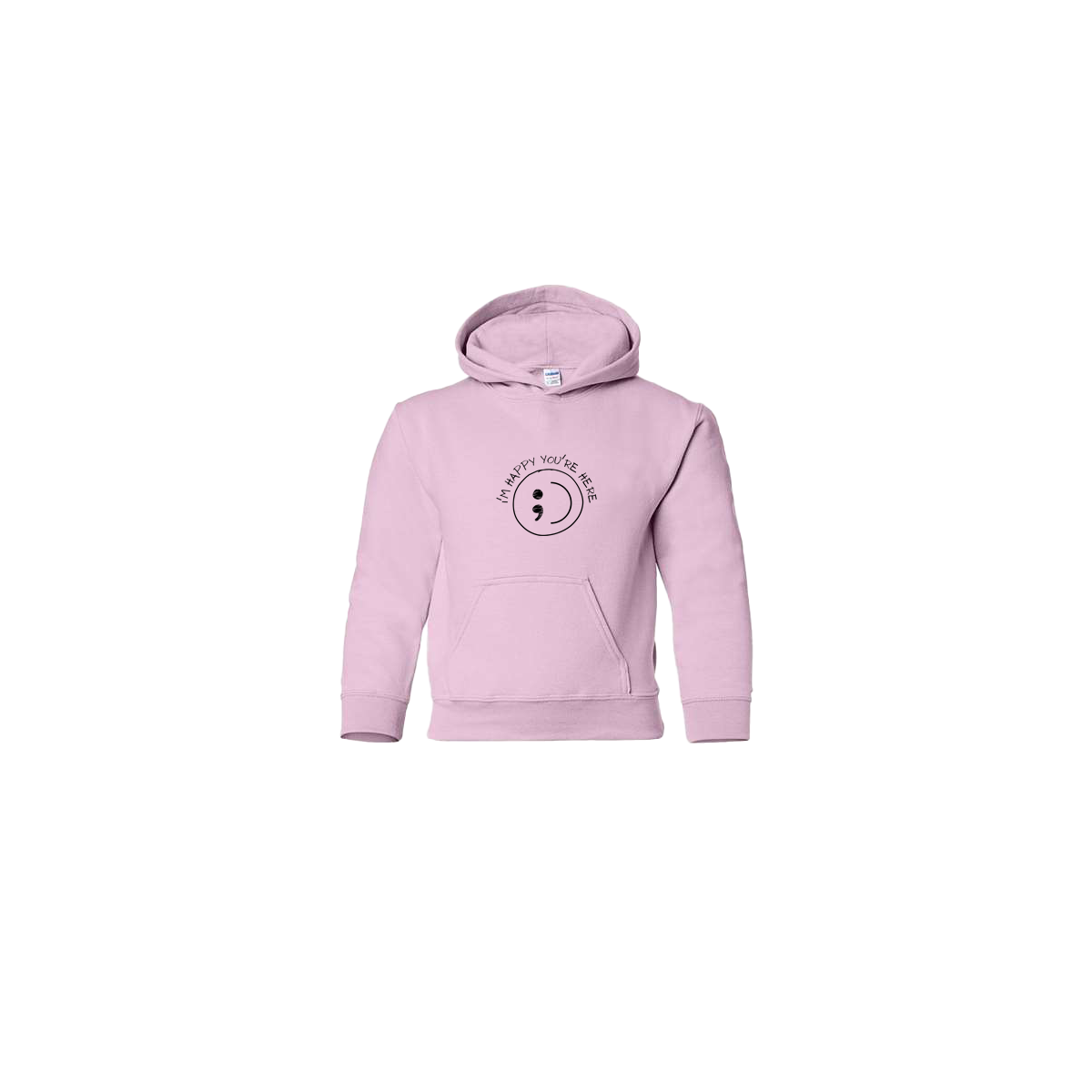 I'm Happy You're Here Embroidered Light Pink Youth Hoodie