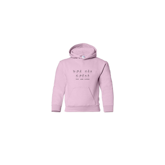 You Are Loved Sign Language Embroidered Light Pink Youth Hoodie